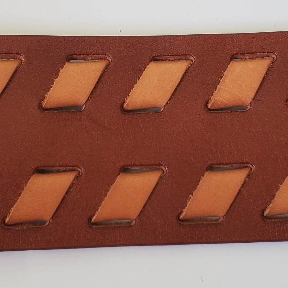 Chicos Wide Woven Leather Hip Belt Medium‎ Brown Tan Adjustable Boho Western